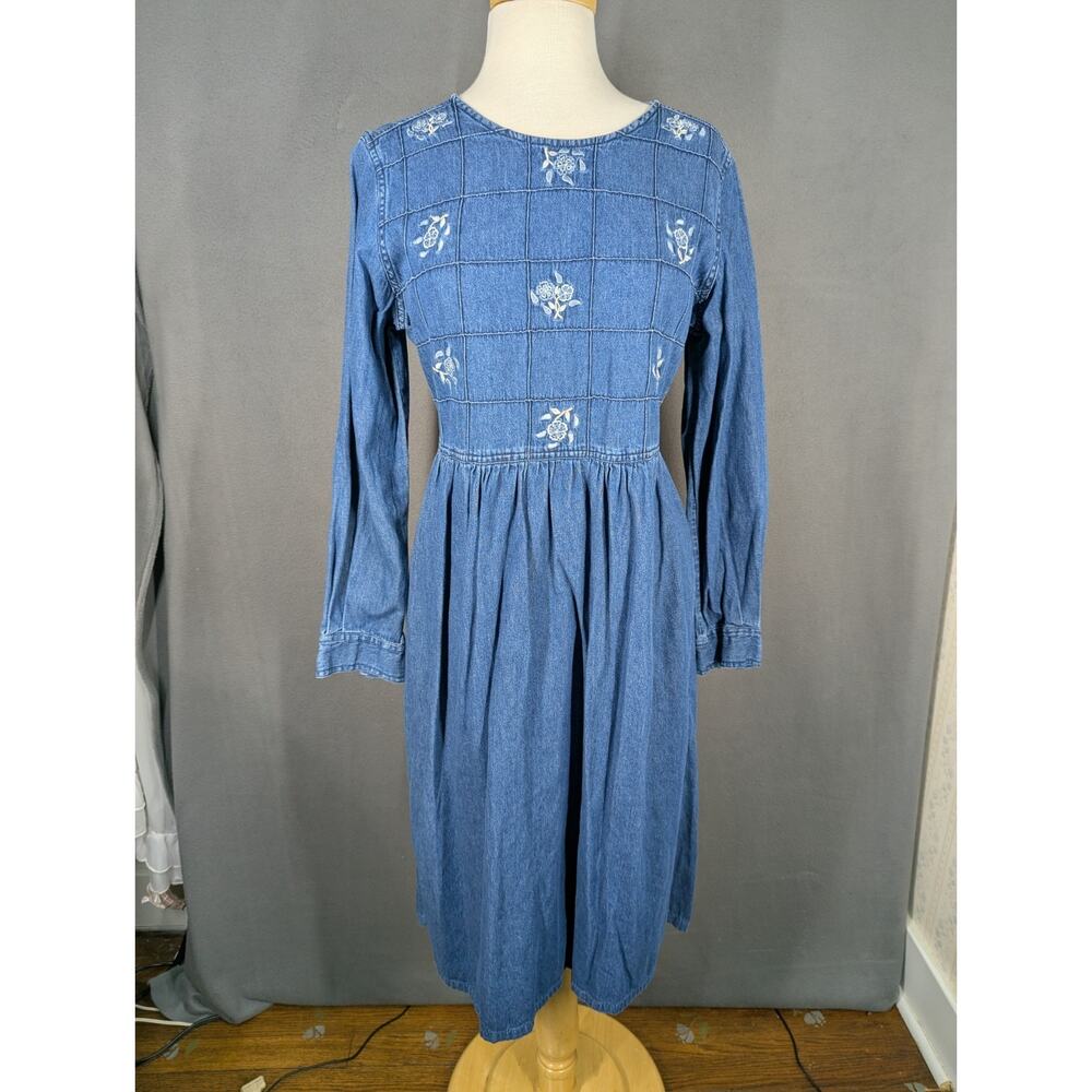 VTG Y2K Erika Co Denim Midi Dress Sz M Floral Embroidered Cottagecore Tie